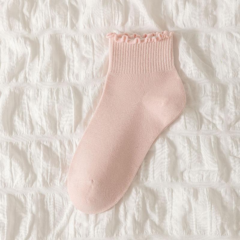 Women's Cotton Boneless Spring and Autumn Socks with Black Fungus Edges, Sweat-absorbing Lace Mid-calf Socks, Solid Color Socks