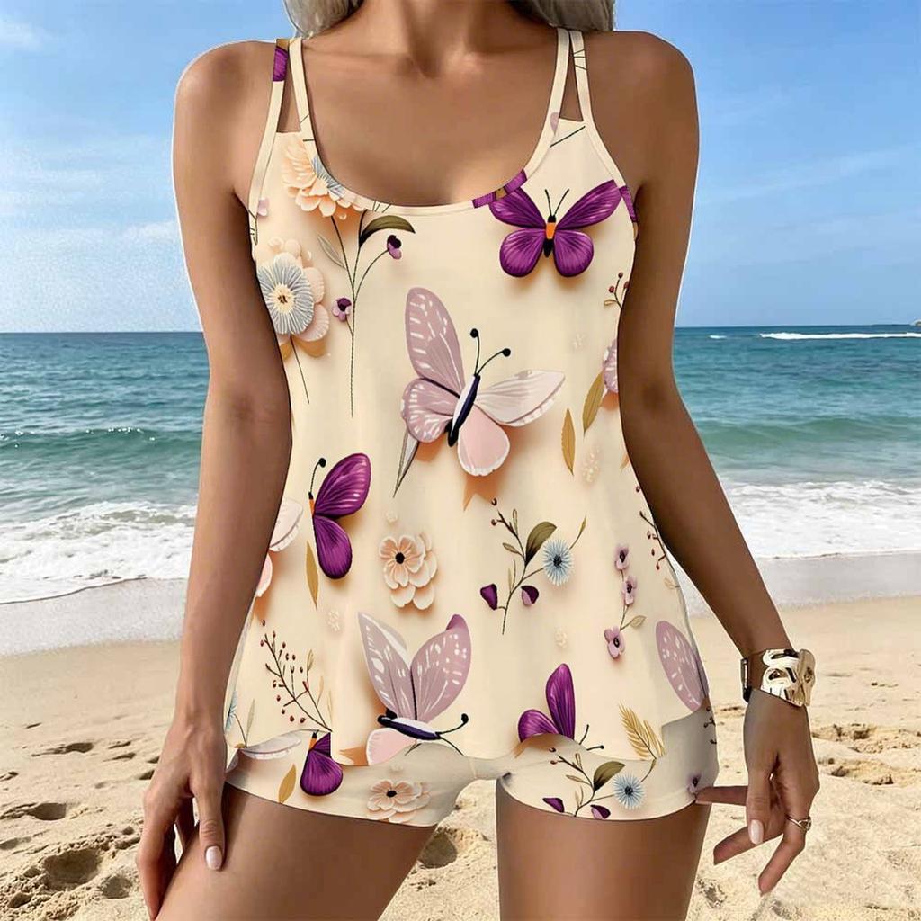 Costume da Bagno da Donna Tankini 2 Pezzi Costume da Bagno Colorato Motivo Farfalle Fiori Costumi da Bagno per le Vacanze