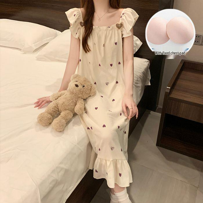 Women's Sweet Fairy Style Thin Cloud Cotton Camisole Nightgown with Built-in Bra for Indoor and Outdoor Wear