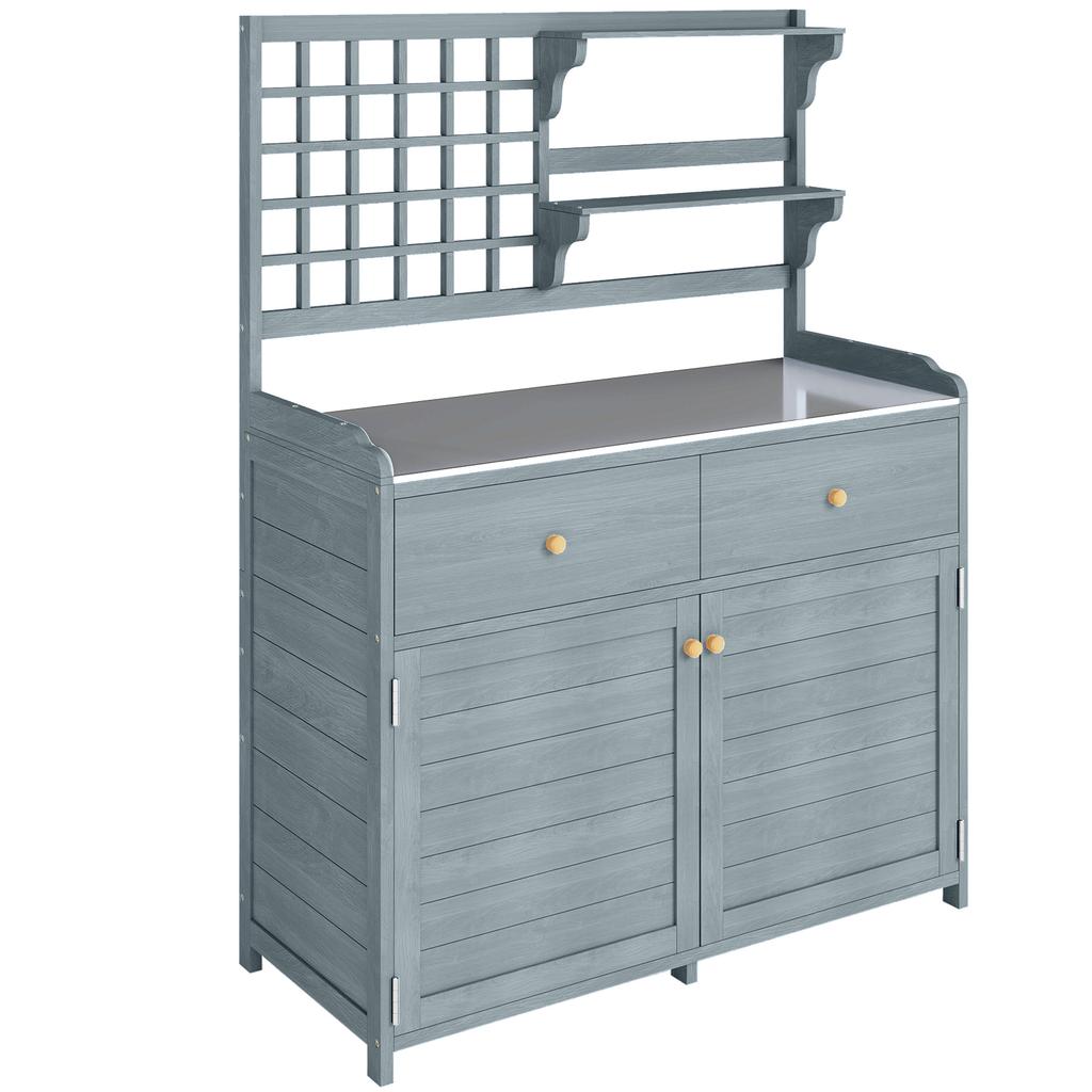 Pflanztisch mit Unterschrank Outdoor Holz Gartenschrank mit verzinkter Arbeitsplatte 2 Schubladen 104x44x140 cm Hellgrau
