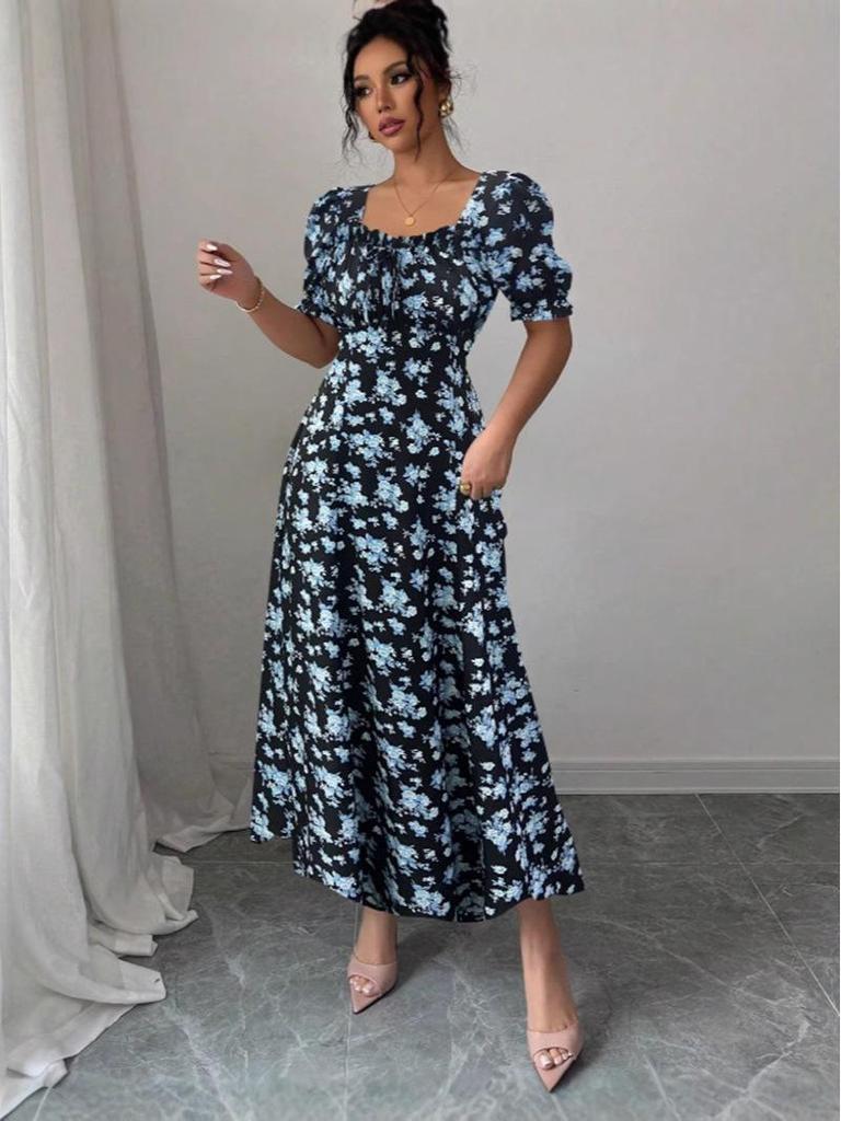 2025 Summer Fashion Women's Printed U-neck Short-sleeved Large Swing Dress