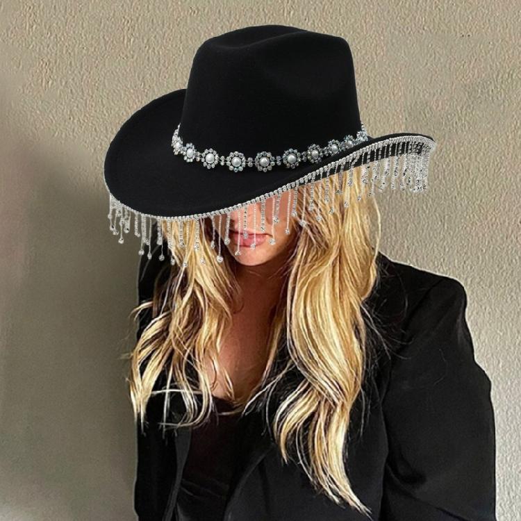 Hand Beading Diamond Tassels Hat Cowboy Hats for Carnivals Music Festival