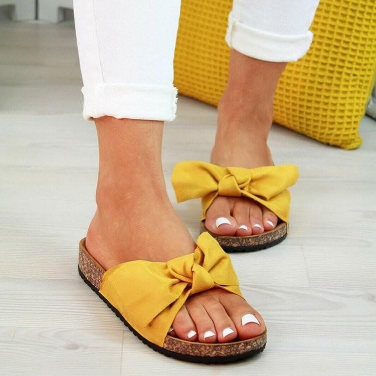 2025 Summer Foreign Trade Large Size Bow Slippers Female Leopard Print Casual One-word Suede Flat Bottom Sandals