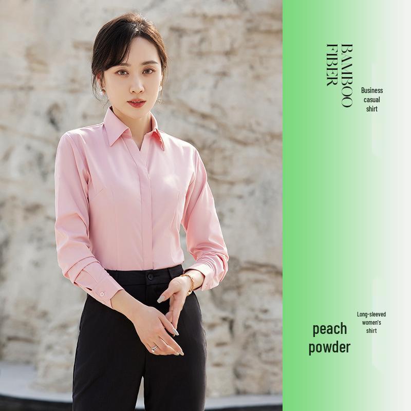 Damen Rosa V-Ausschnitt Bambusfaser Stretch Shirt - Gestickte Formelle Kleidung für Büro, Verkauf und Hotel Rezeption