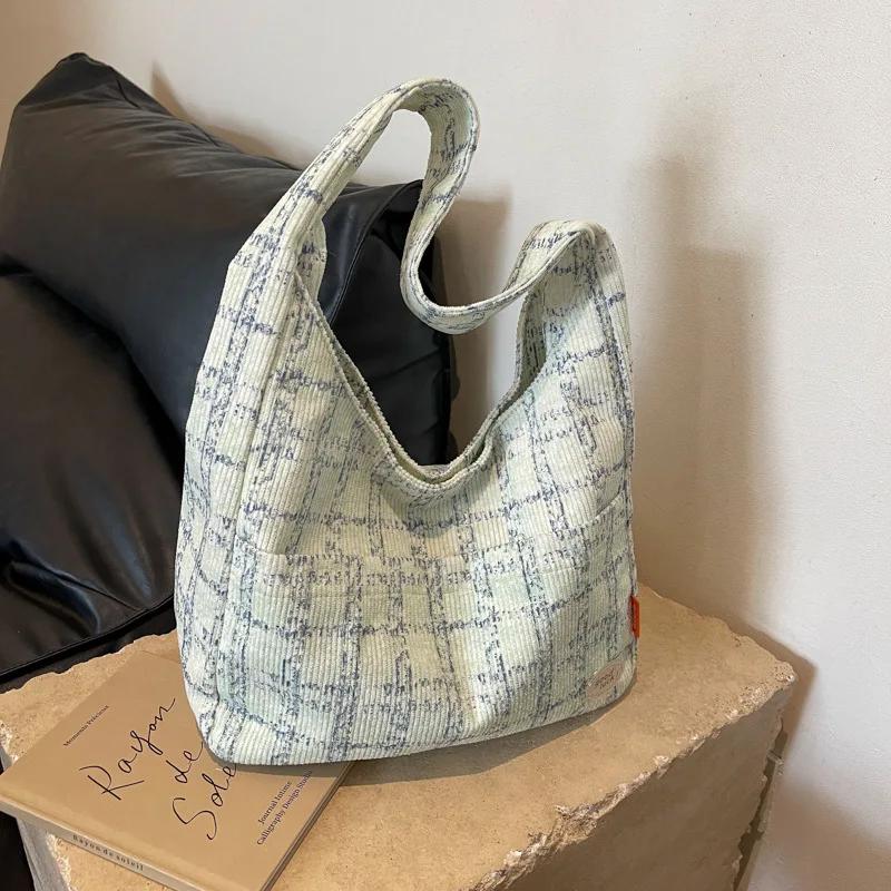 Large Capacity Underarm Bag Female  New Student Class Plaid Canvas Bag Versatile Shoulder Commuter Tote Bag