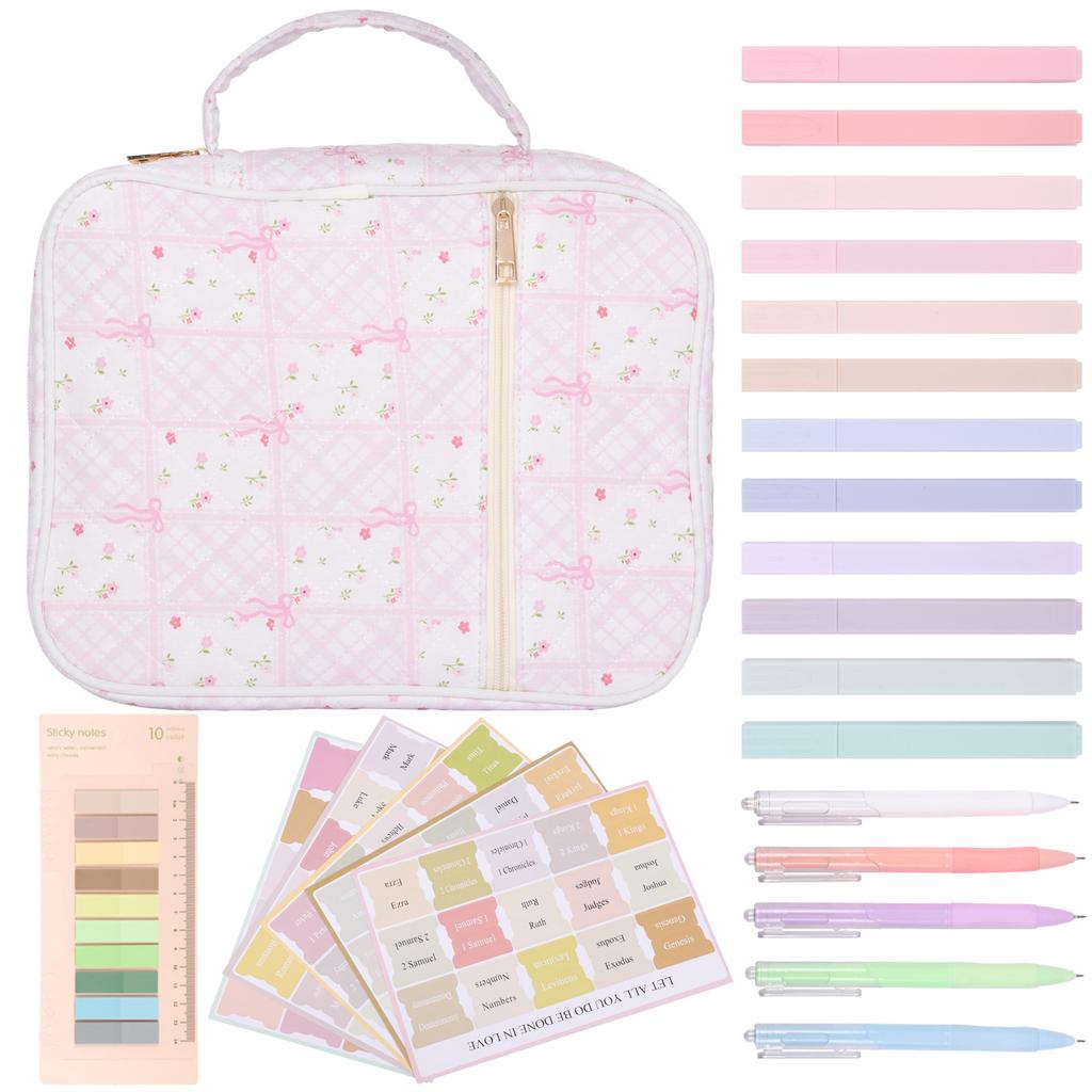Bible Cover Case for Women Large Bible Cover Bag Study Supplies Journaling Kit Book Carrying Case with Highlighter Christian