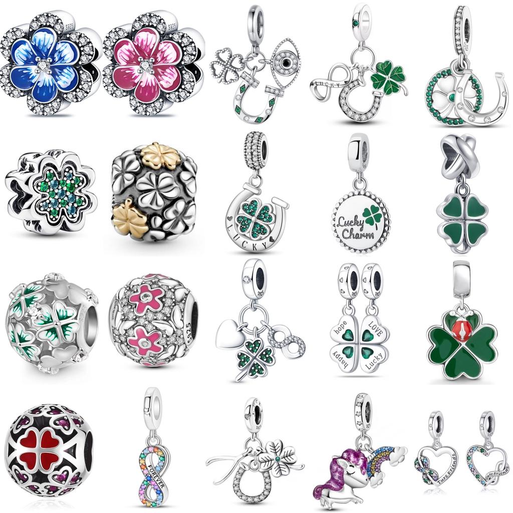 Copper Plated Early Spring Series Four-Leaf Clover Rainbow Horse Charm Beads Fit Original Bracelet Fine Diy Birthday Jewelry