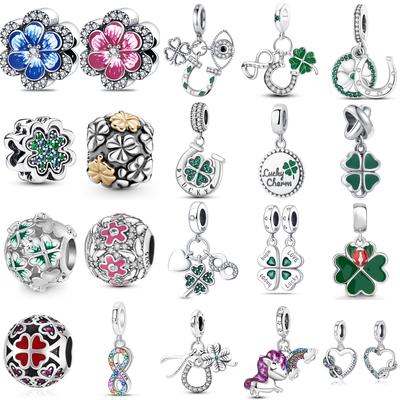 Copper Plated Early Spring Series Four-Leaf Clover Rainbow Horse Charm Beads Fit Original Bracelet Fine Diy Birthday Jewelry