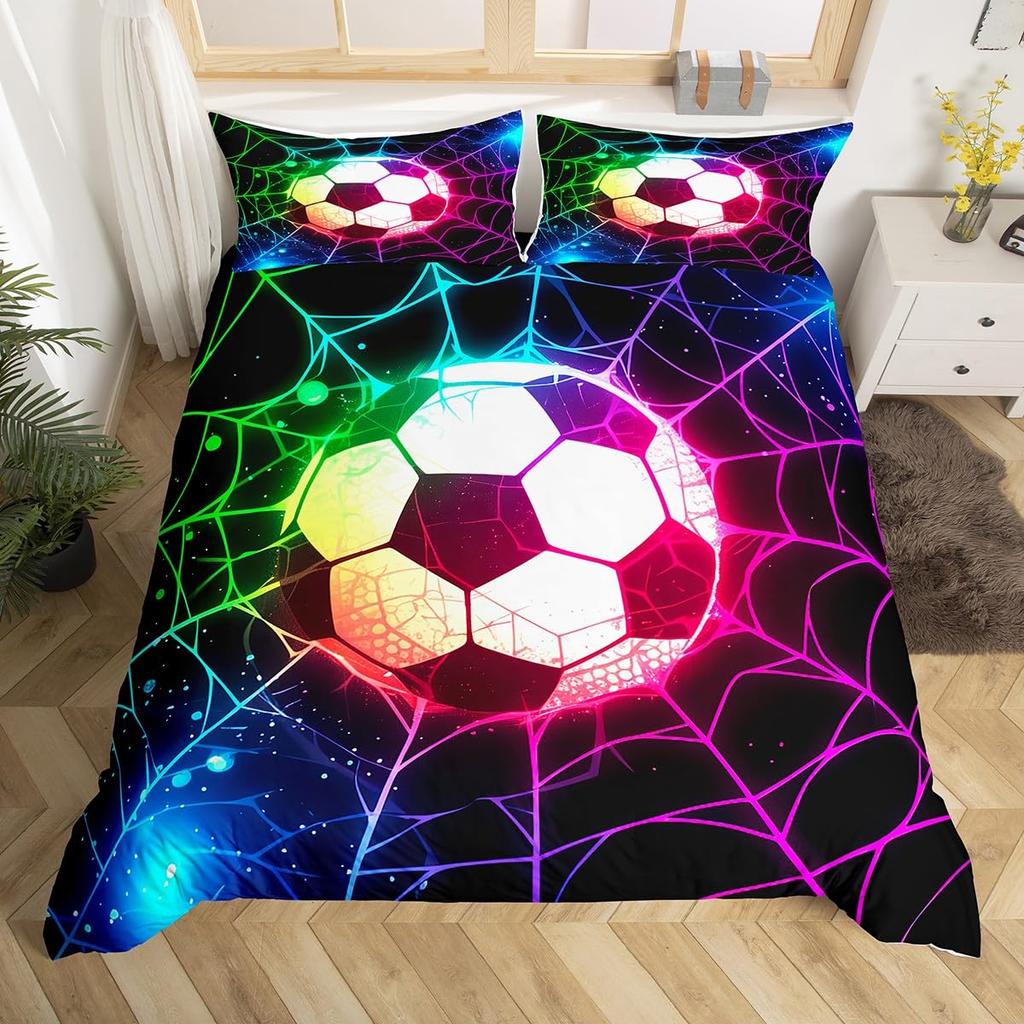 Comforter Football Occer Sports Abstract Ice And Fire Art Design Teens Boys Cool Navy Blue 3 Pcs Bedding Set
