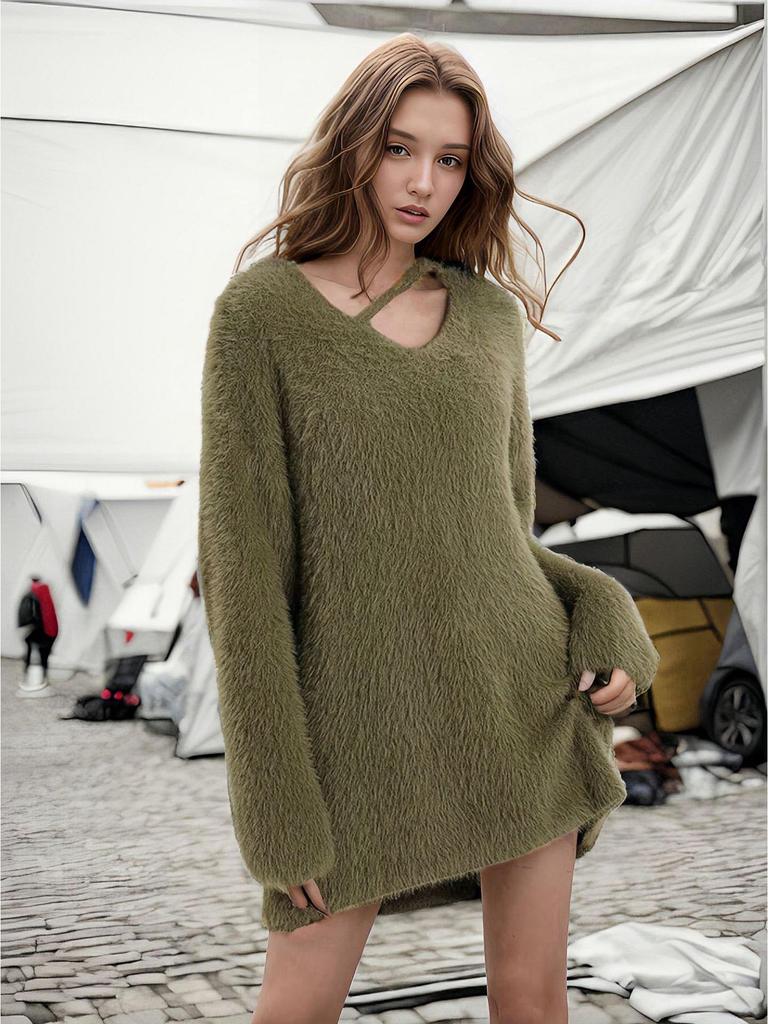 2025 Hollow V-Neck Faux Mink Velvet Sweater: Soft Knit Women's Solid Color Top