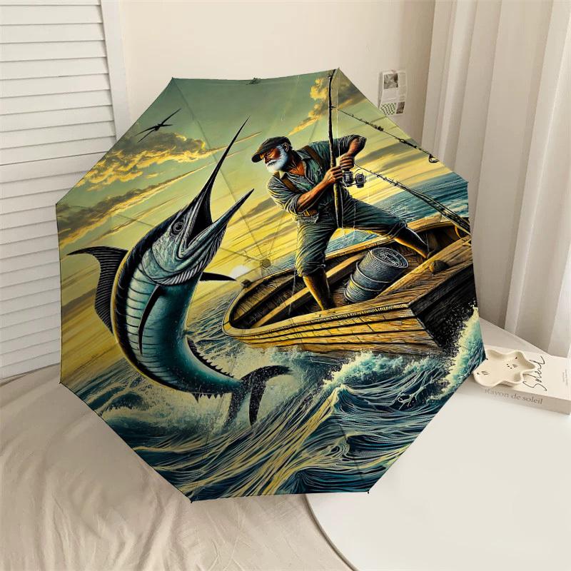 

1PC fisherman marlin Automatic Open/Close Umbrella with Windproof, 8-Rib Sturdy Canopy, Durable Ribs, Fashionable Design, Outdoor Accessory, Fun Prin,