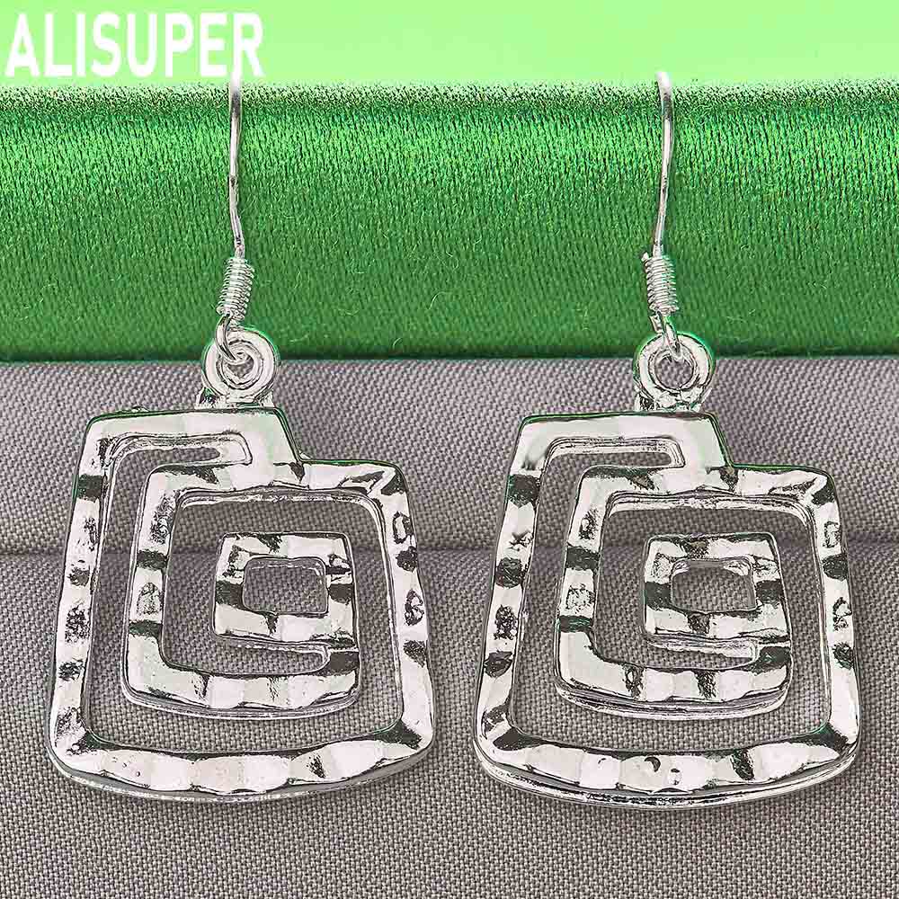 925 Sterling Silver Square Metal Wire Pendant with Piercing Earrings Fashion Charm Wedding Jewelry