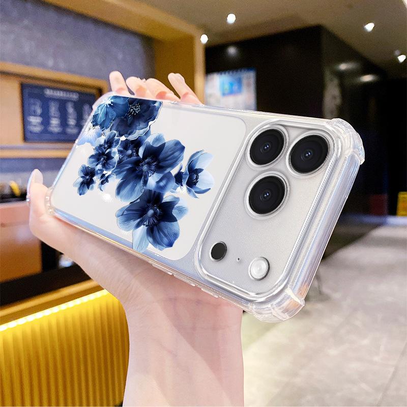 Ink Blue Flower Mobile Phone Case iPhone17/16Pro Four-corner Anti-drop Transparent Case Apple 15 Soft Case Is Hot-selling.