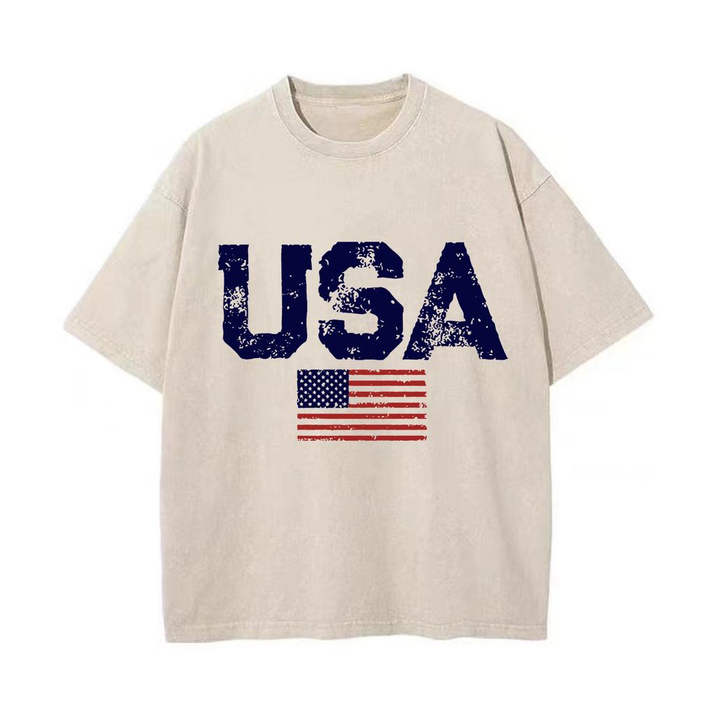 Usa Letters American Flag Stars And Stripes Mens Clothing Loose T-shirt Autumn Pullover T-shirt Retro Washed Vintage T-shirt