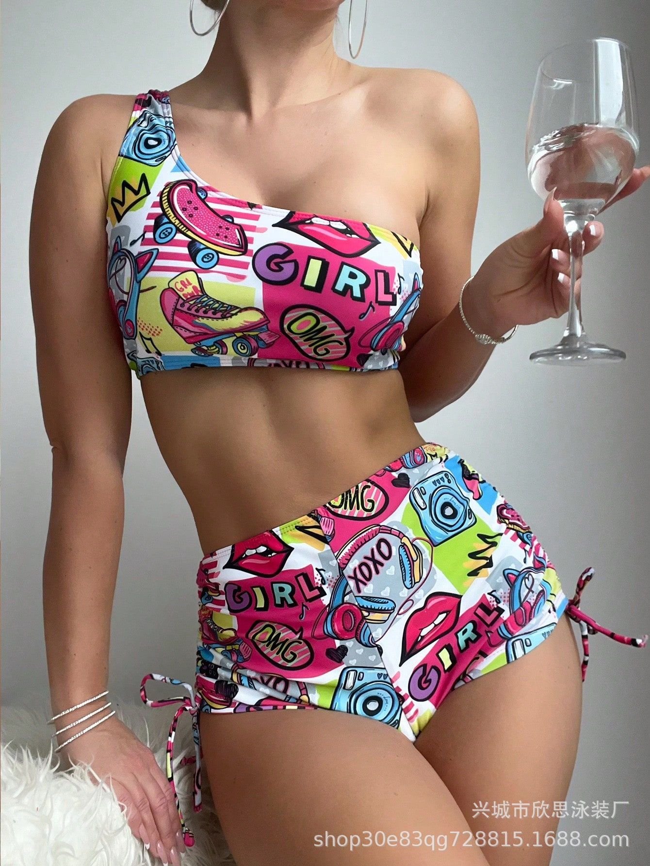 Printed split swimsuit European and American sexy women s bikini printed high-waisted swimsuit S