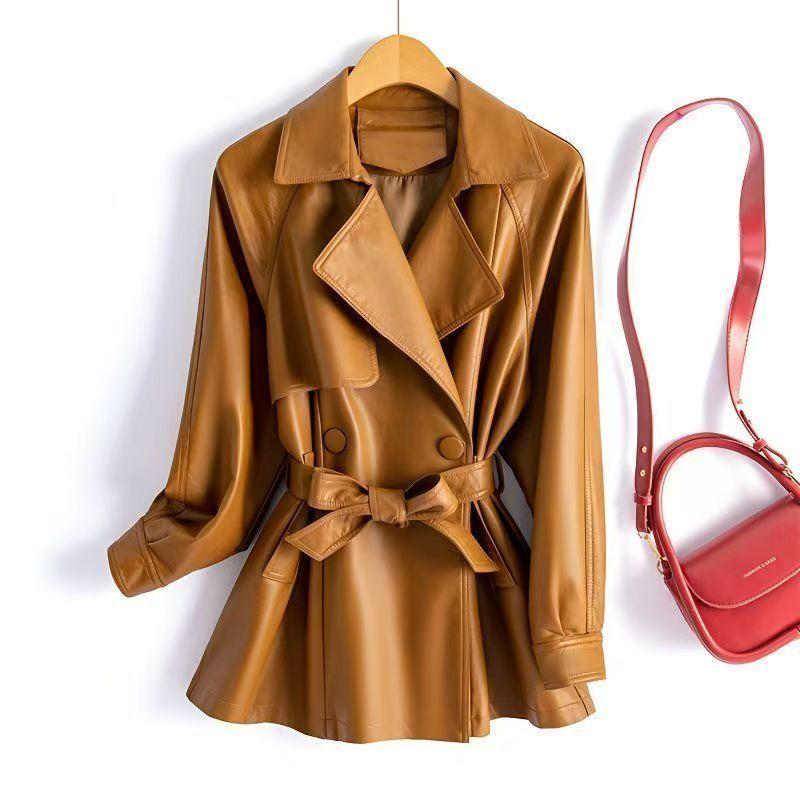 

Spring Autumn Slim Fit Women Trench Coat with Belted Waist Notched Lapel Pure Color Korean British Style Fashion Windbreaker 4XL коричневий