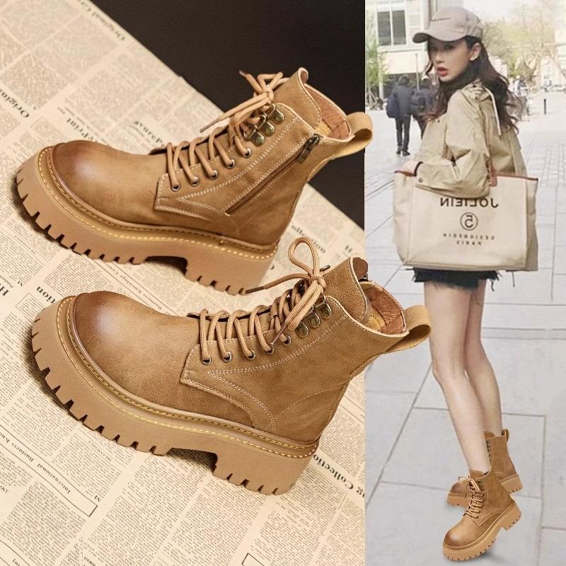 Martin Boots Women's Autumn and Winter New Soft Leather Comfortable Velvet Short Boots Thick-soled Heightening Locomotive Boots