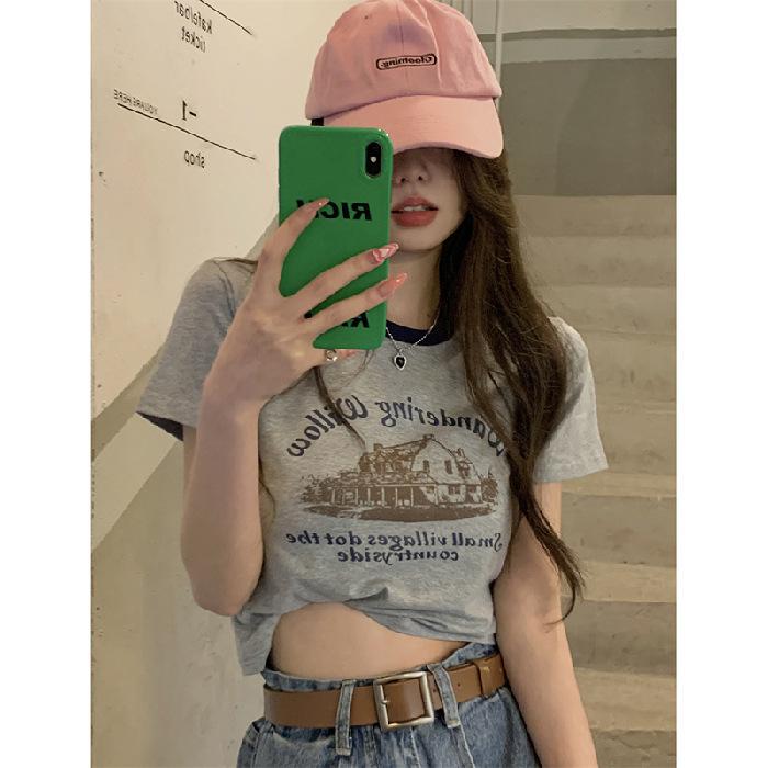 

American retro printed short-sleeved T-shirt women s contrasting color crew neck bottoming shirt summer spice girl short student top M серый