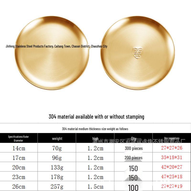 Korean Style 304 Stainless Steel Gold Round Plate for Fruit, Dinner, Vegetables, and BBQ