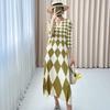 Women's Print Dress Spring Summer Diamond Print High-end Pleated Dress V-neck Long Dress