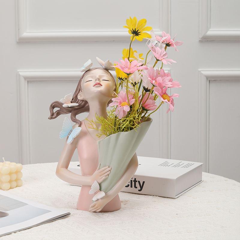 Nordic Girl Holding Vase with Artificial Flowers, Elegant Artistic Resin Home Decor Statue for Living Room, Entryway & TV Cabinet