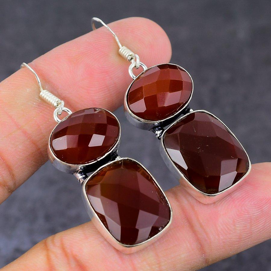 Natural Red Carnelian Gemstone Handmade 925 Sterling Silver Earring 2.05" F3b42
