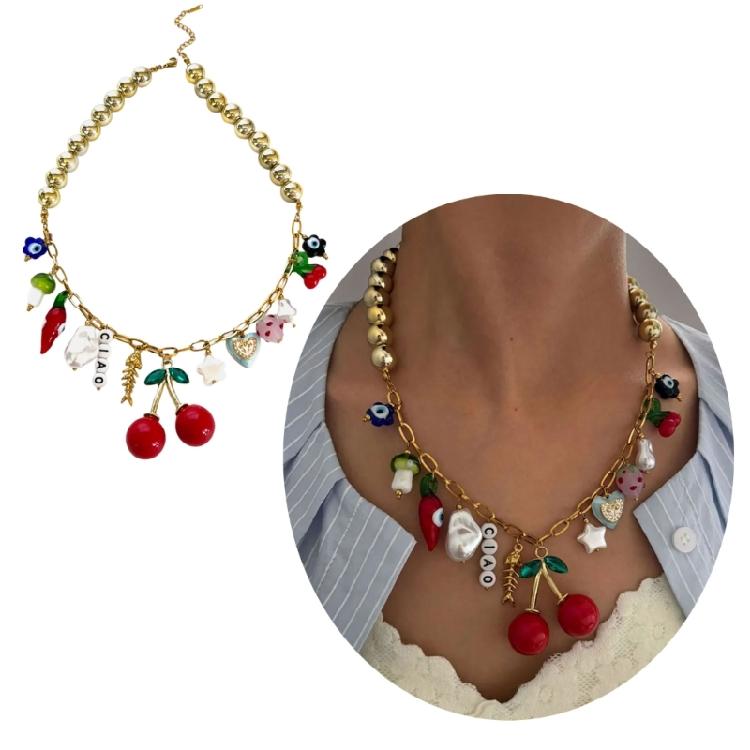 Whimsical Cherry Charm Necklace Dopamine Style Jewelry Sturdy Stainless Steel Chain For Everyday