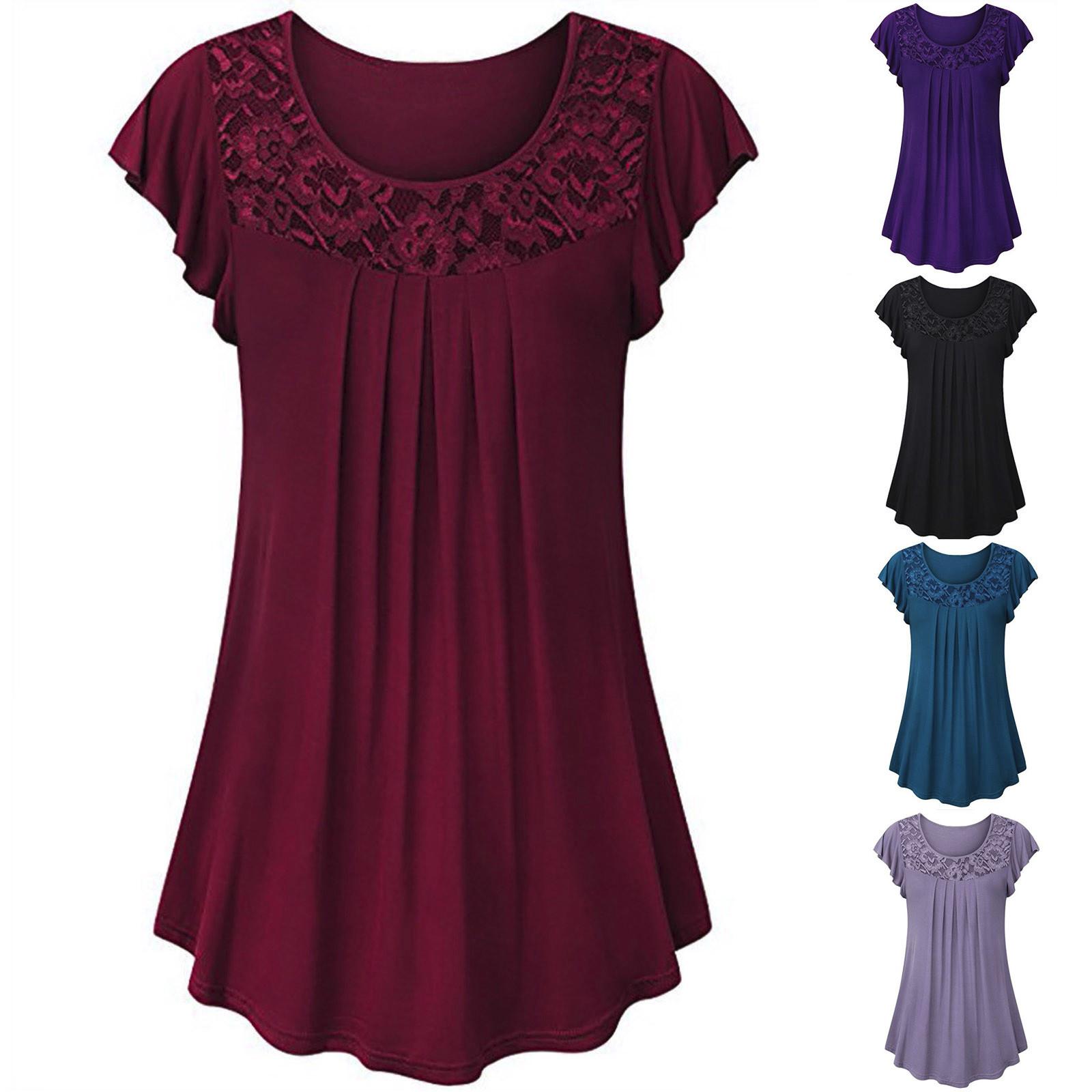 

Женская модная кружевная однотонная футболка с коротким рукавом, блузка, топы