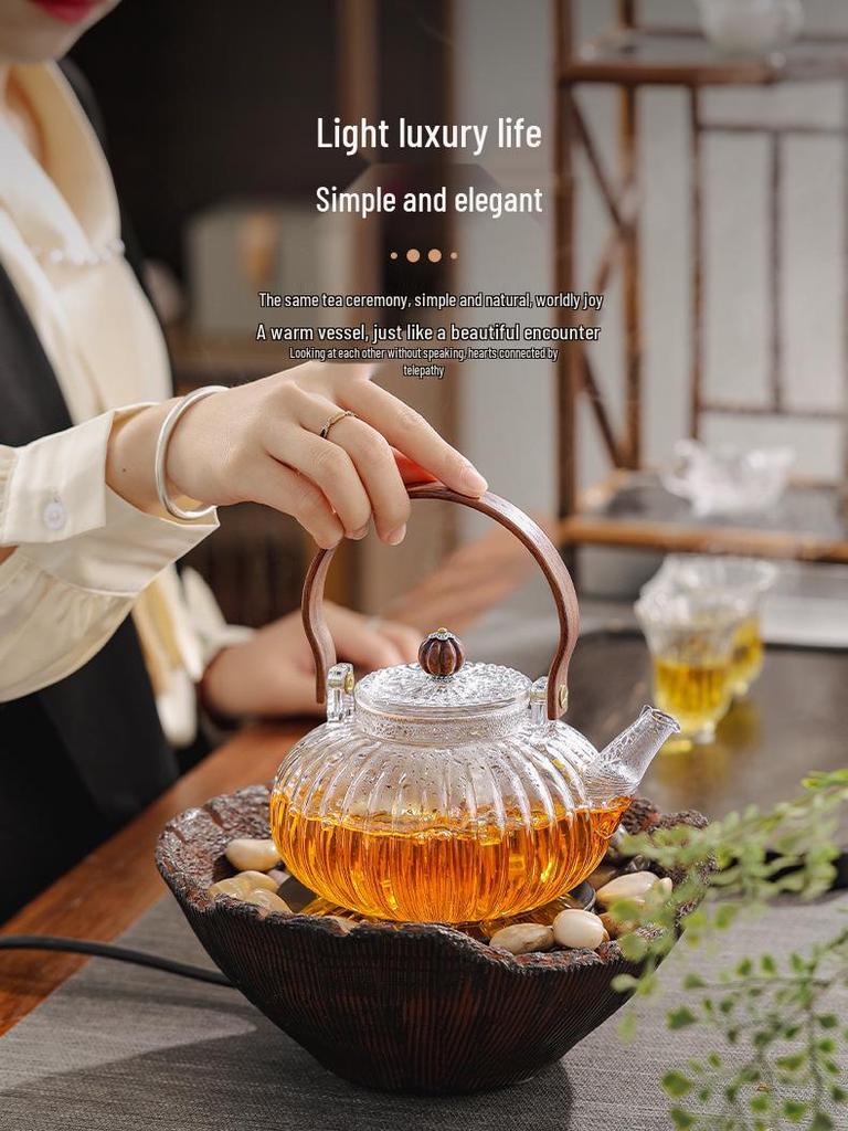 High-Temperature Resistant Pumpkin Glass Tea Set with Striped Design and Tea Infuser
