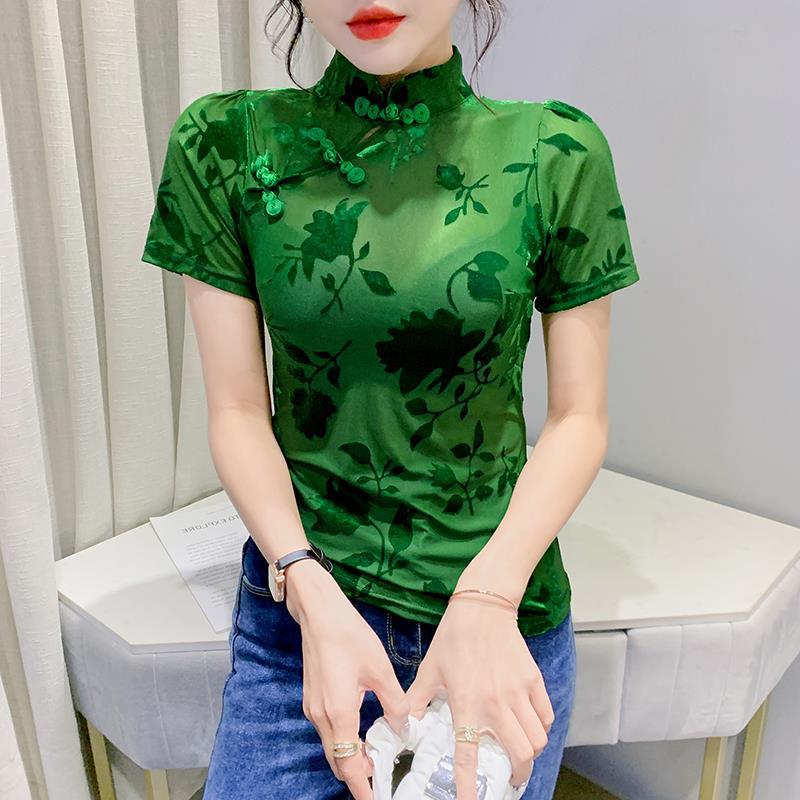 2022 Summer Retro Chinese Frog Button Mesh Blouse