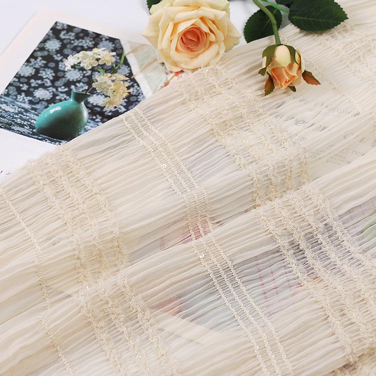 

Women s Sequin Crochet Pleated Chiffon Dress with Striped High Elasticity and Embroidery абрикосовый