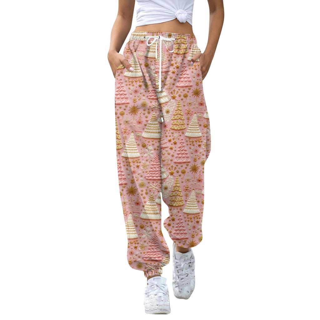 Pantaloni de trening casual de damă cu imprimeu de Crăciun, cu talie cu șnur și manșete la glezne