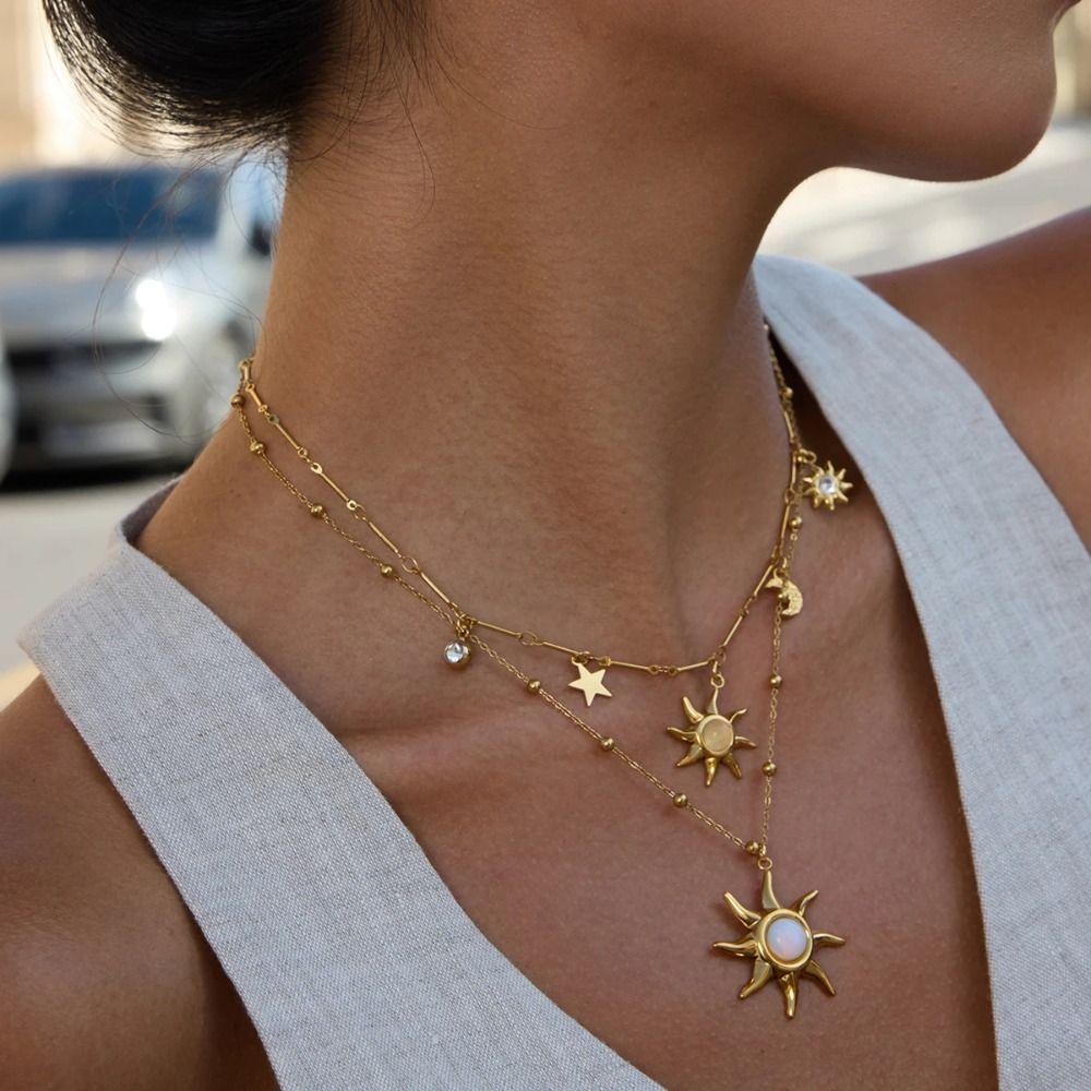 Stainless Steel 18K Gold Plated Necklace Layered Chain Double Stacked Neck Chain Sun Pendant  Beach