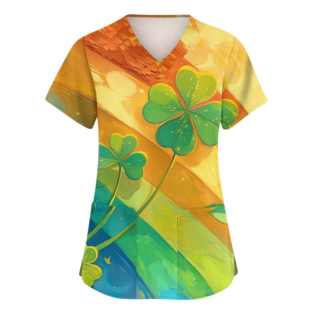 Women's Fashionable V-neck Workwear Printed Short Sleeved Pocket Side Slit Workwear Basic Pullover Top