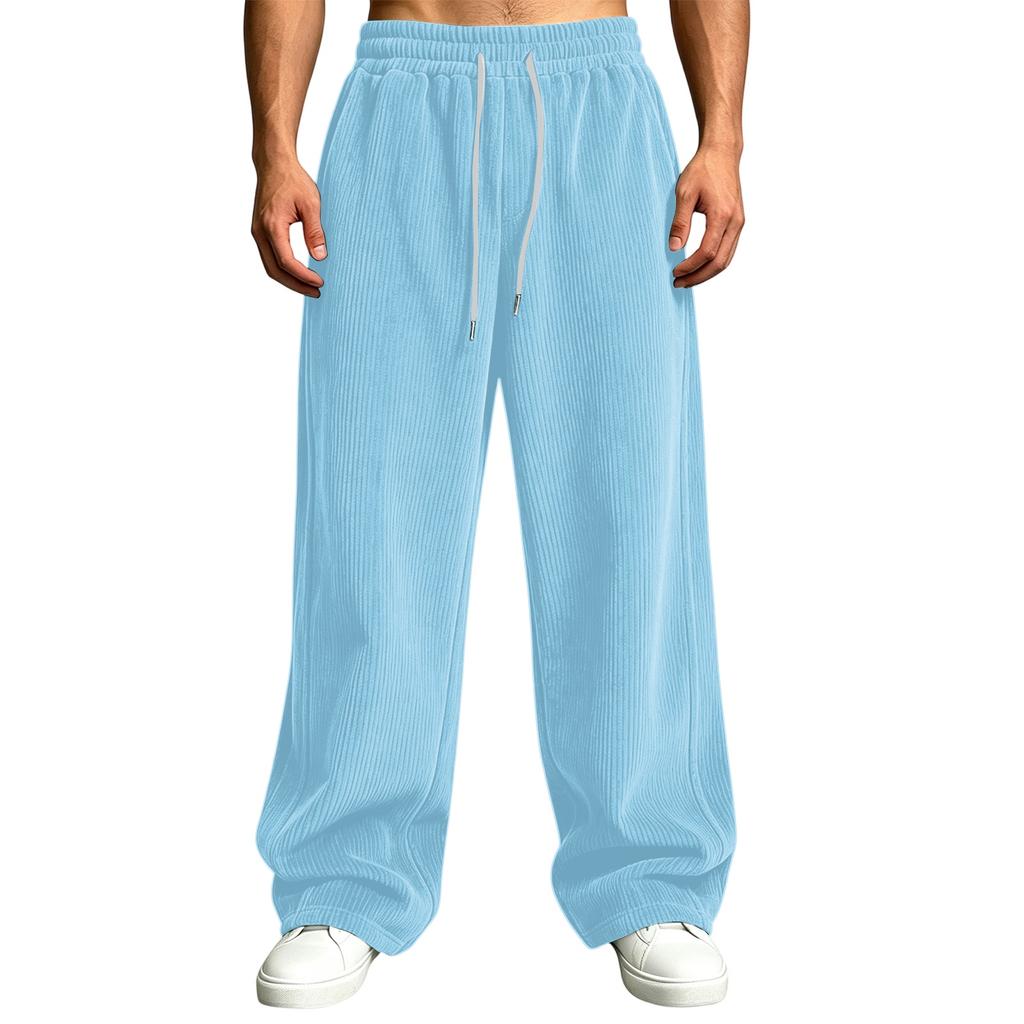 Pantalones de pana para hombre de cintura alta con bolsillos de corte holgado pierna recta ancha color casual
