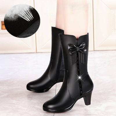 2024 2024 Otoño Invierno Felpa Confort Zapatos De Madre Cabeza Redonda Fondo Grueso Tacón Medio Botas De Cuero 2024 Botas Cortas Cálidas Para Mujer