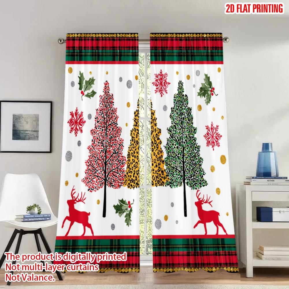

Set Of 2 Flat Printing Christmas Curtains Cute Buffalo Plaid Leopard Trees Digital Printed Polyester Drapes Spring Curtain Made W100*H70(CM)-Rod Pocket&1PCS