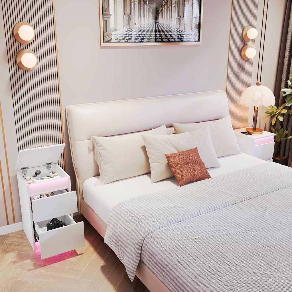 Bedside Table With Lighting 2-Drawer Bedside Cabinet With Drawer End Table Square Solid Wood Sofa Bedroom Side Nightstand