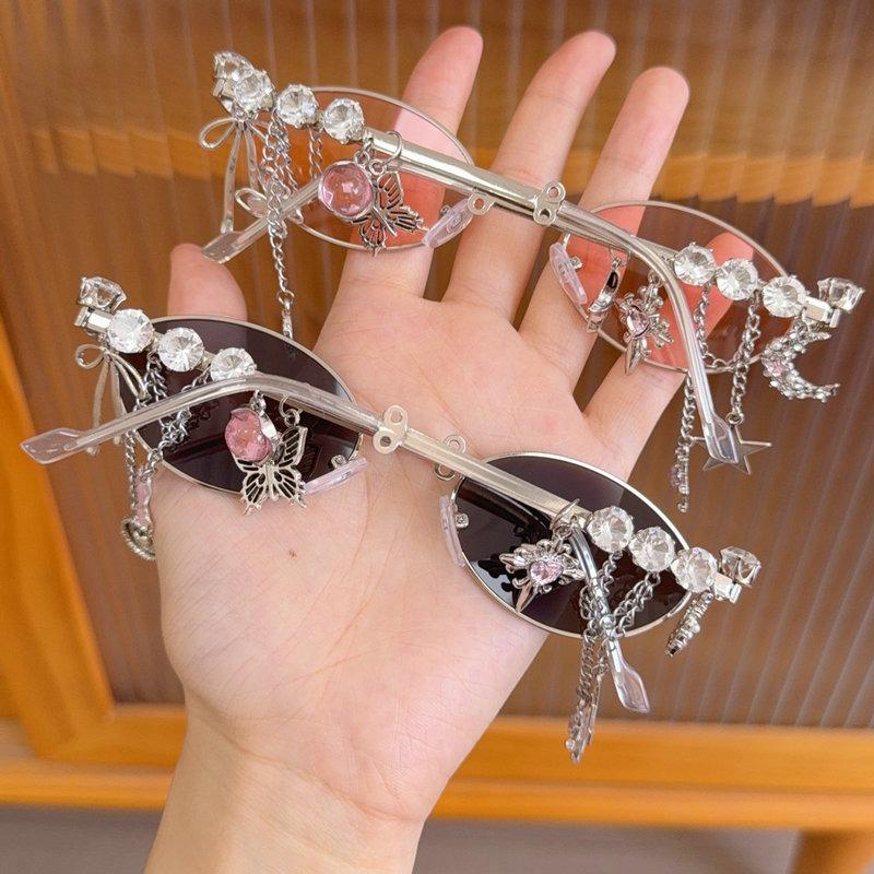 Fashion Diamond Small Frame Elliptical Glasses Woman for Women Metal Blue Light Blocking Glasses Japanese Retro Y2K Eyeglasses