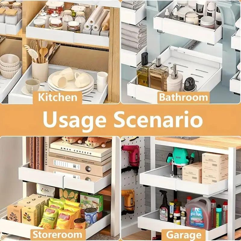 Pull-out Cabinet Storage Rack with 3 Silent Slide Rails, No Drilling Required, Suitable for Kitchen Spice Tableware Organization