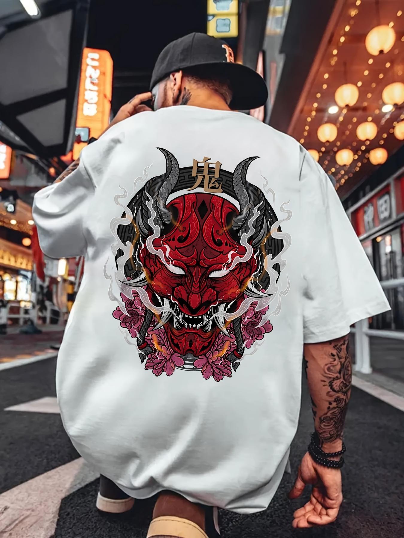 Men s -Inspired Oni Mask Flame & T-Shirt - White/Black/Red Contrast Short Sleeve Tee with Kanji-Style Lettering XXXL