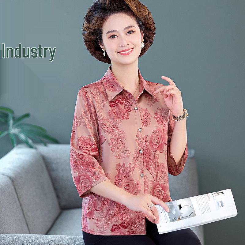 Stylish Printed Silk Shirt for Mom – Summer Short-Sleeve Top for Middle-Aged & Elderly Women