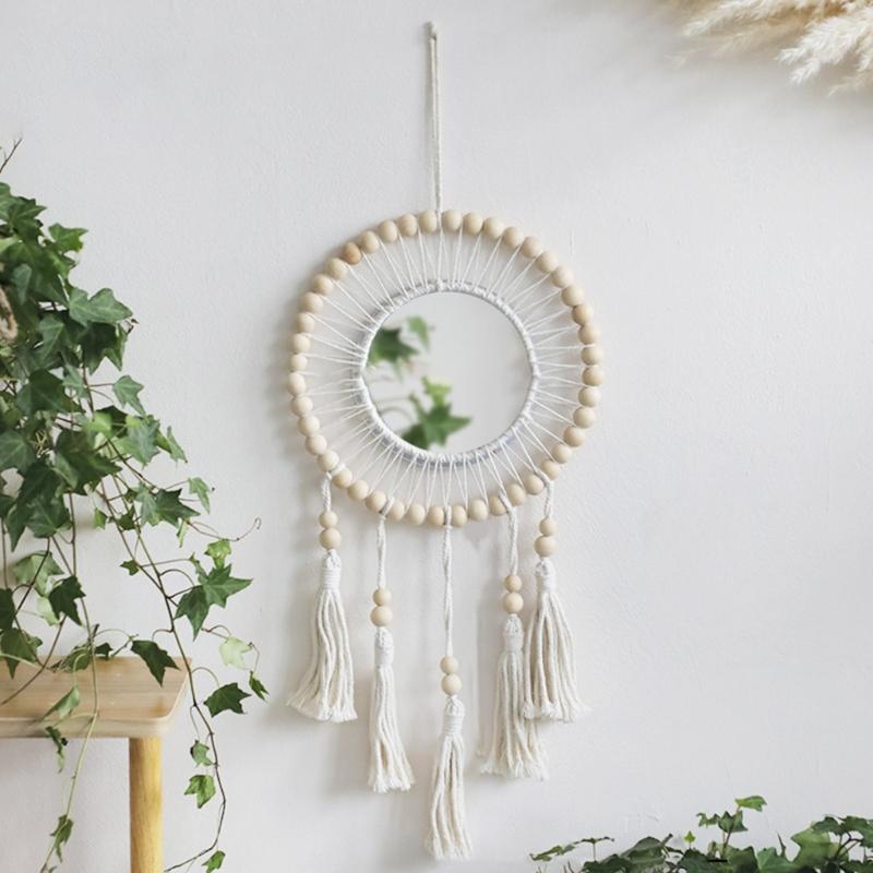 Bohemian Handmade Wood Beads Woven Tassels Wall Hanging Mirrored Macrames Tapestrys Decorative Mirrored for Bedroom