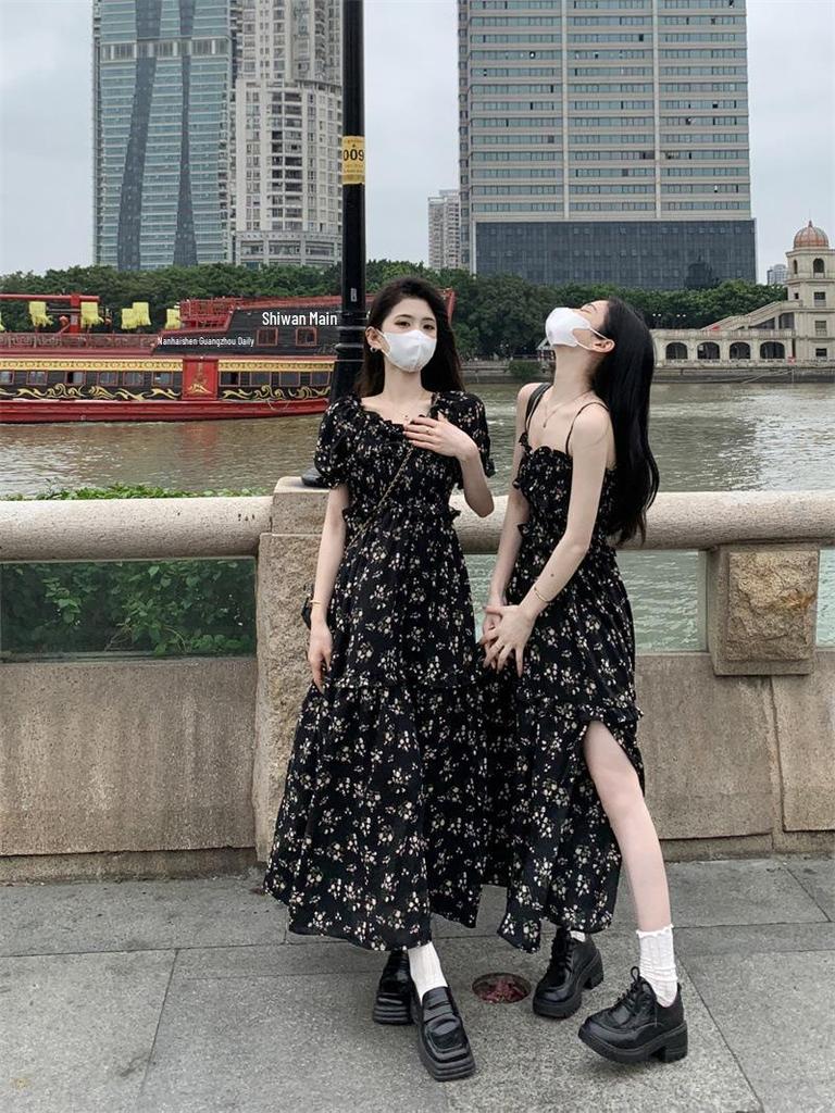 Chiffon Floral Summer Dress for Women - 2025 Design with Slimming Waist, Slit, and Square Neckline