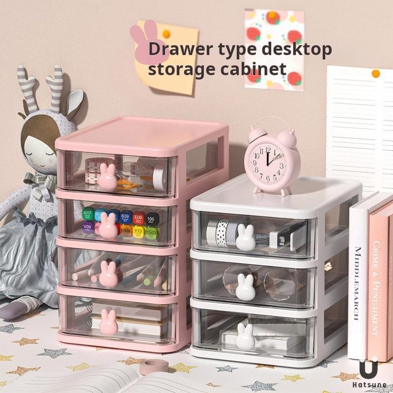Mini Desktop Storage Cabinet with Transparent Drawers Cute Rabbit Plastic Stationery Makeup Organizer Table Organizer Management Storage Box
