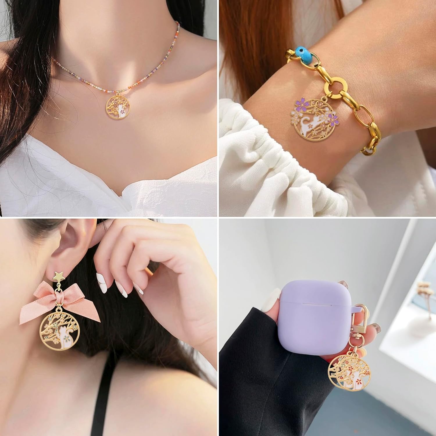 

Craftdady 28Pcs Golden Plated Alloy Enamel Flower Cat Charms Hollow Flat Round with Cat Charms Cute Cherry Blossom Animal Metal Dangle Charms for DIY