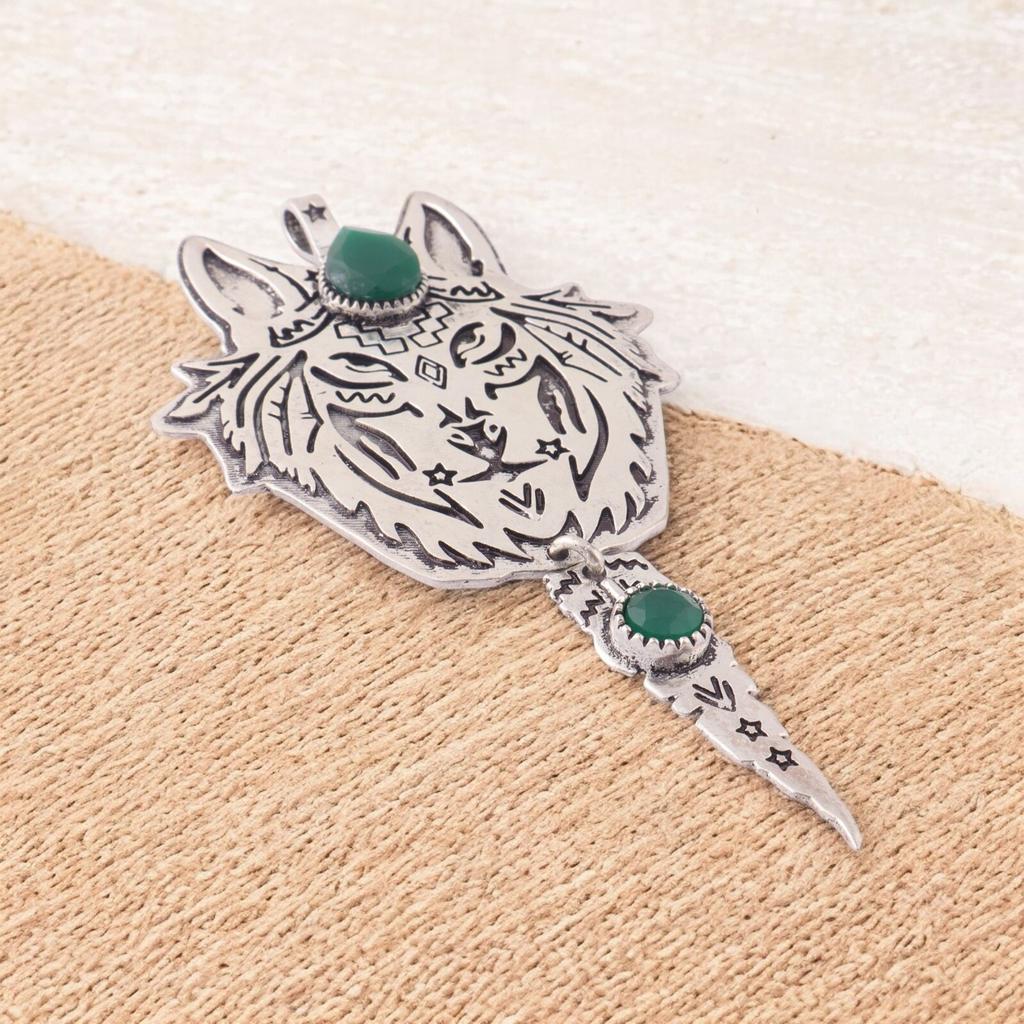 925 Sterling Silver Natural Green Onyx Gemstone Handcrafted Pendant 4" For Gift CP-26-17