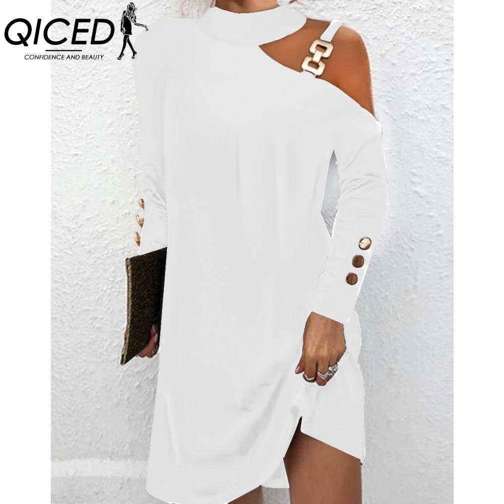 

QICED Женская Мода Весна Осень Однотонный Принт Длинный Рукав Высокая Талия Повседневные Платья XXXL белый
