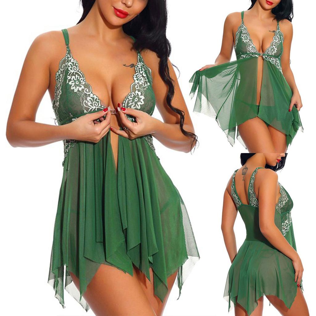 Ladies Sexy Multi-Erotic Pajamas Lace Lace Solid Color Mesh V-Neck Nightdress