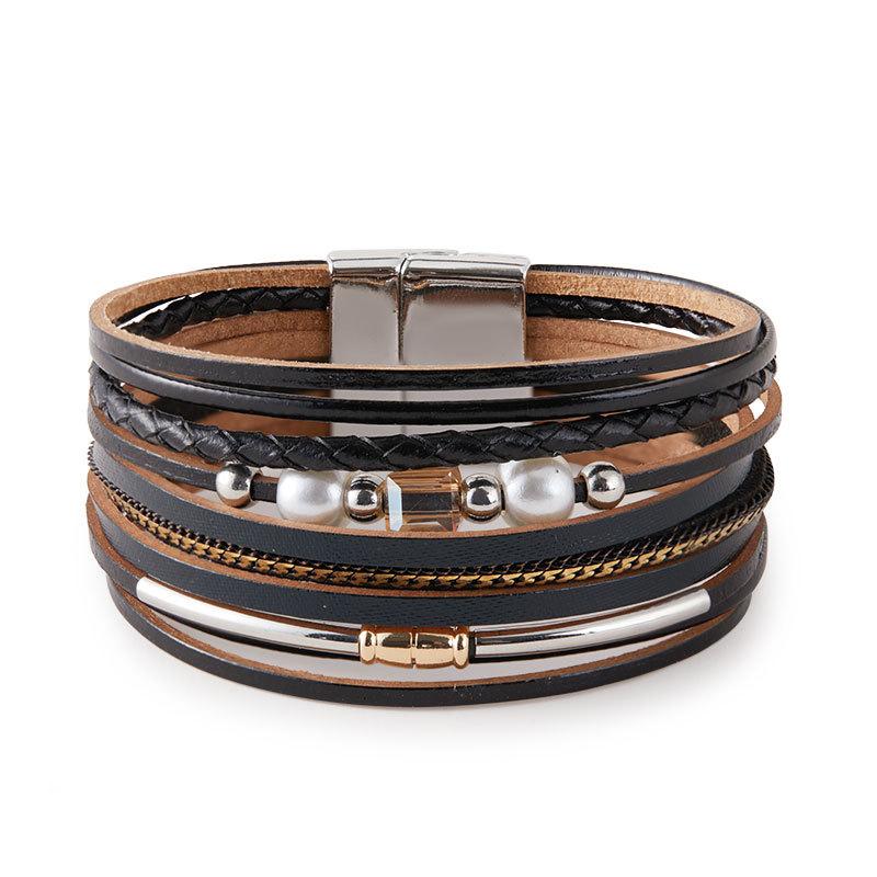 

Браслет в стиле бохо-ретро для женщин, многослойный, плетеный вручную, кожаный браслет с магнитной пряжкой, ювелирный аксессуар